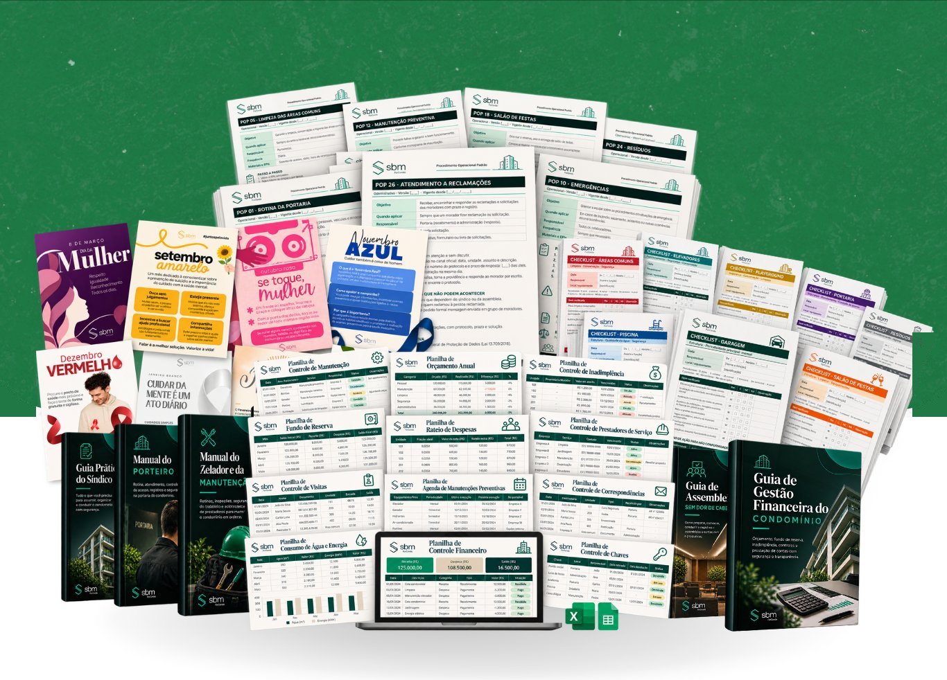 Planilhas, POPs, checklists, cartazes e e-books do Pack Síndico 3.0